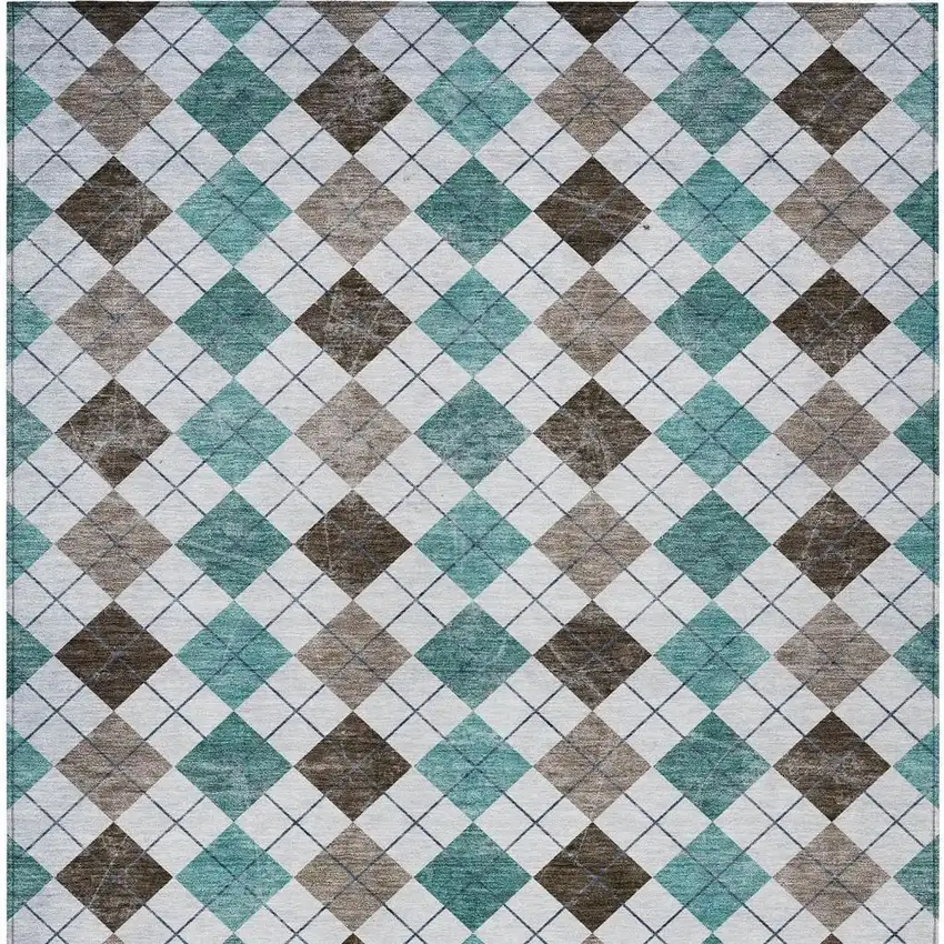 Teal Blue Taupe And Ivory Geometric Washable Indoor Outdoor Area Rug Photo 5