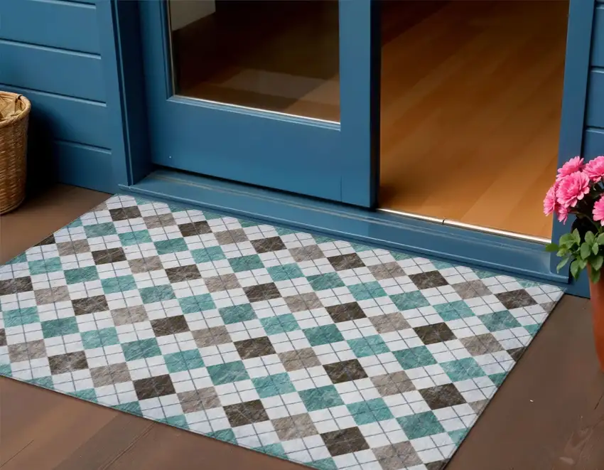 Teal Blue Taupe And Ivory Geometric Washable Indoor Outdoor Area Rug Photo 1
