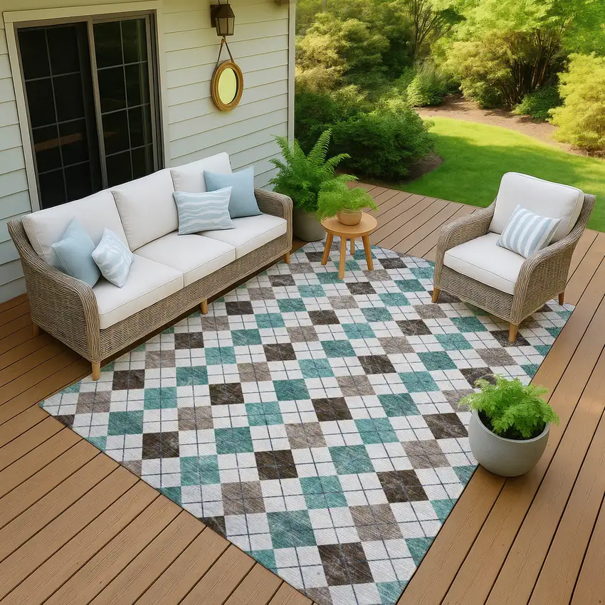 Teal Blue Taupe And Ivory Geometric Washable Indoor Outdoor Area Rug Photo 9