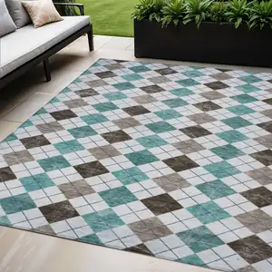 Photo of Teal Blue Taupe And Ivory Geometric Washable Indoor Outdoor Area Rug
