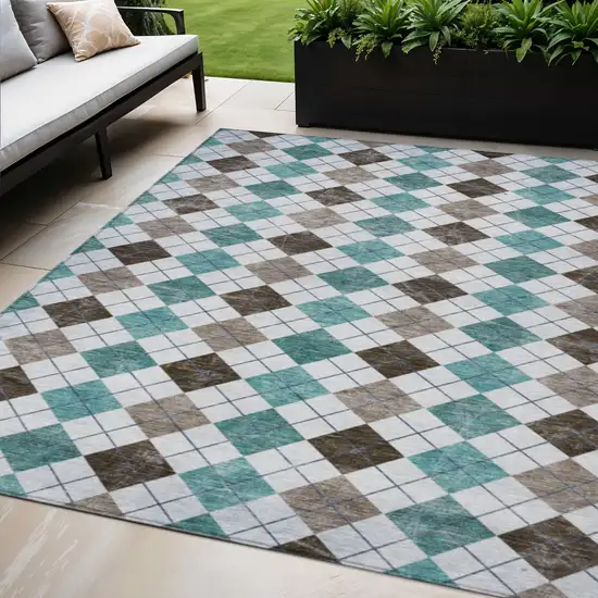 Teal Blue Taupe And Ivory Geometric Washable Indoor Outdoor Area Rug Photo 1