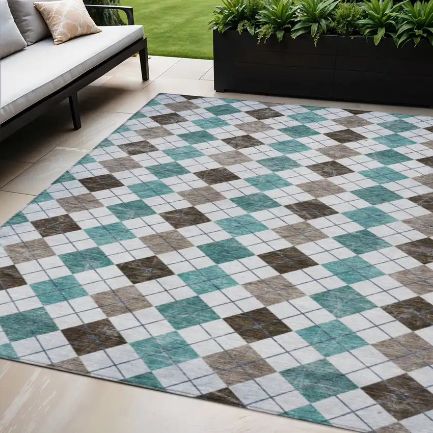 Teal Blue Taupe And Ivory Geometric Washable Indoor Outdoor Area Rug Photo 1