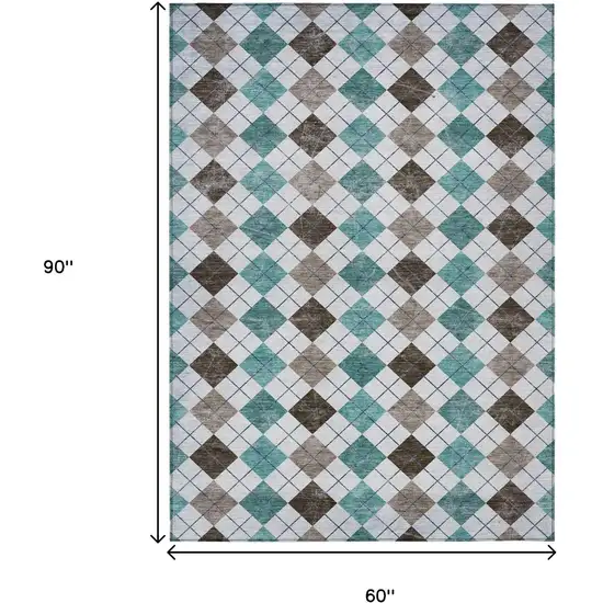 Teal Blue Taupe And Ivory Geometric Washable Indoor Outdoor Area Rug Photo 3