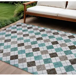 Photo of Teal Blue Taupe And Ivory Geometric Washable Indoor Outdoor Area Rug