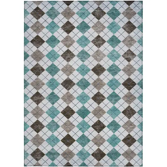 Teal Blue Taupe And Ivory Geometric Washable Indoor Outdoor Area Rug Photo 5