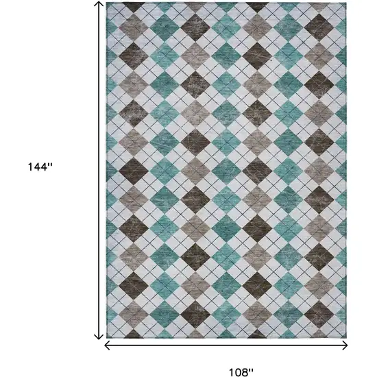 Teal Blue Taupe And Ivory Geometric Washable Indoor Outdoor Area Rug Photo 3