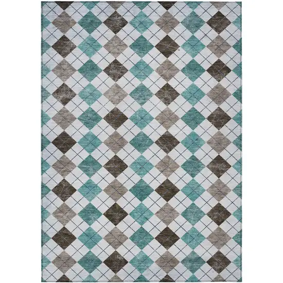 Teal Blue Taupe And Ivory Geometric Washable Indoor Outdoor Area Rug Photo 2