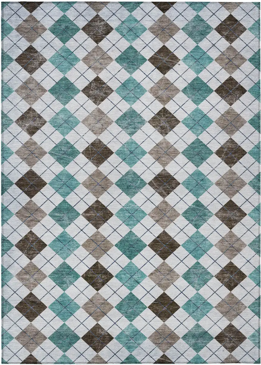 Teal Blue Taupe And Ivory Geometric Washable Indoor Outdoor Area Rug Photo 2
