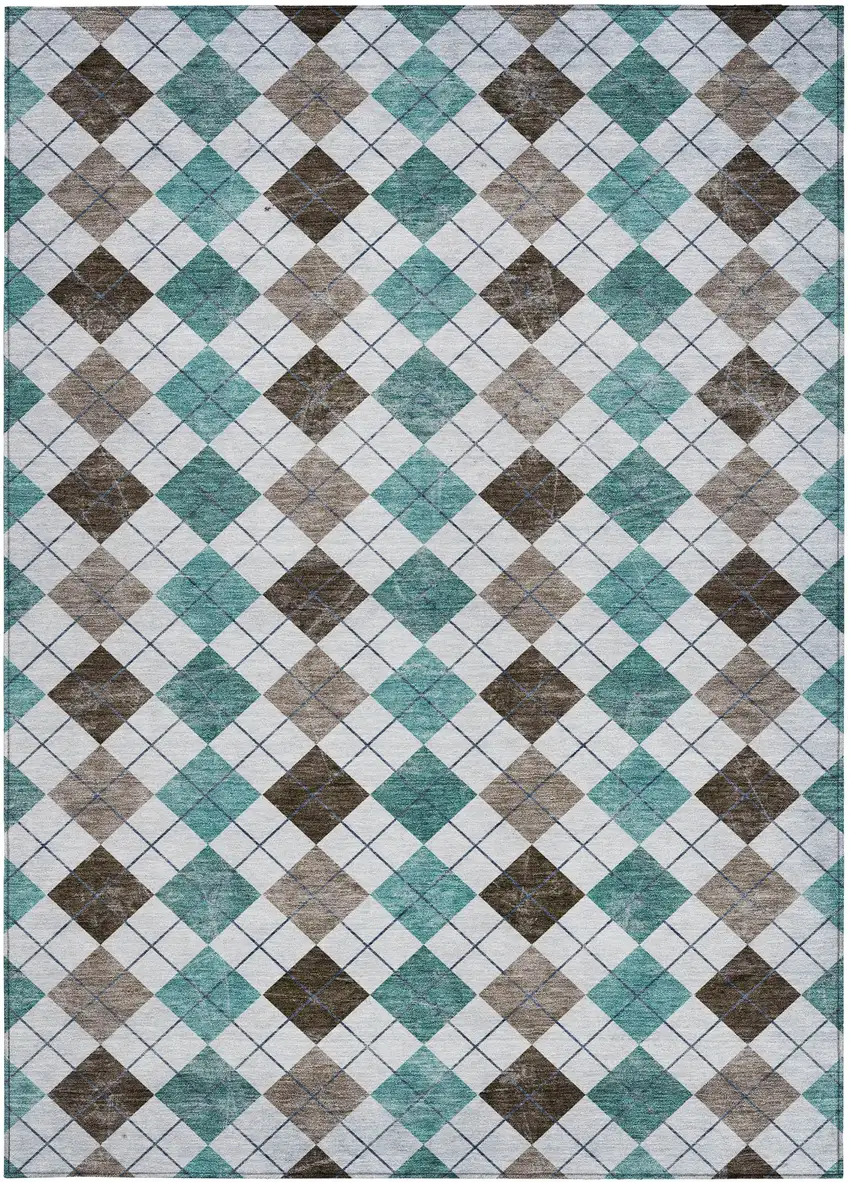 Teal Blue Taupe And Ivory Geometric Washable Indoor Outdoor Area Rug Photo 5
