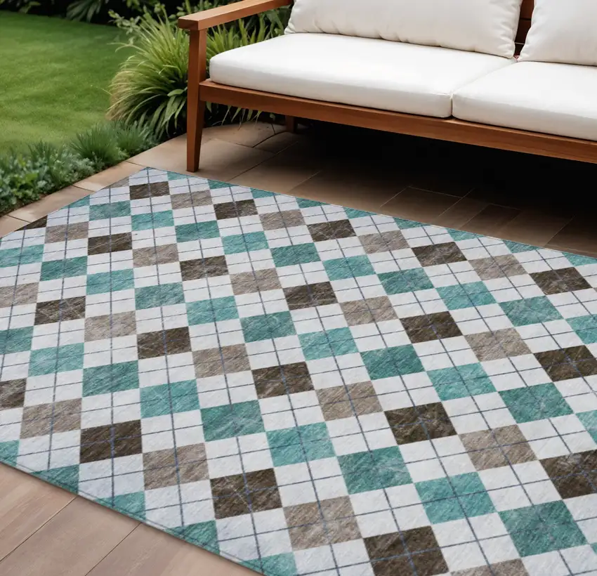 Teal Blue Taupe And Ivory Geometric Washable Indoor Outdoor Area Rug Photo 1