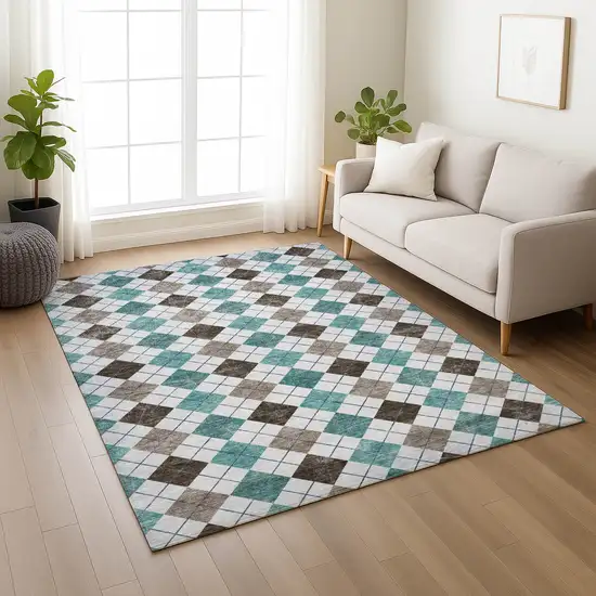 Teal Blue Taupe And Ivory Geometric Washable Indoor Outdoor Area Rug Photo 9