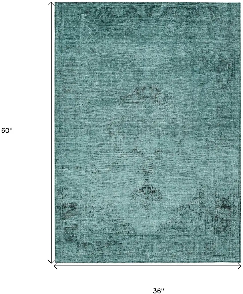 Teal Blue Turquoise And Charcoal Oriental Washable Indoor Outdoor Area Rug Photo 3