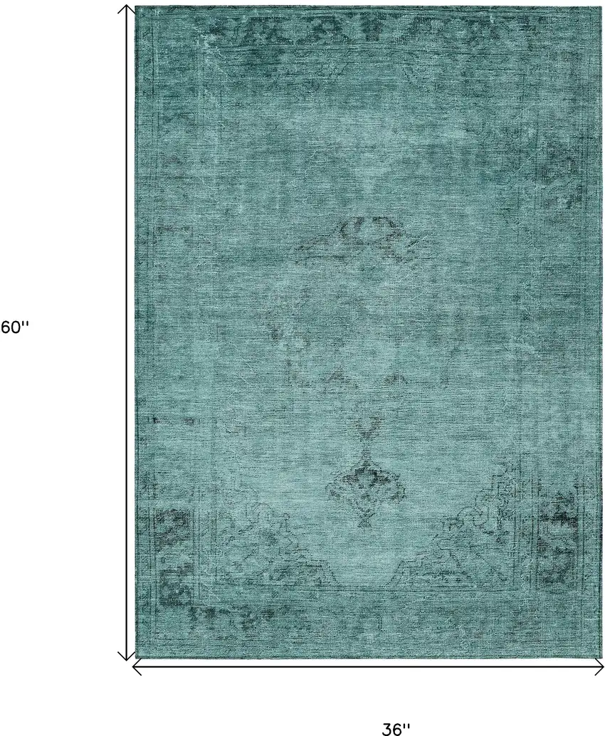 Teal Blue Turquoise And Charcoal Oriental Washable Indoor Outdoor Area Rug Photo 3