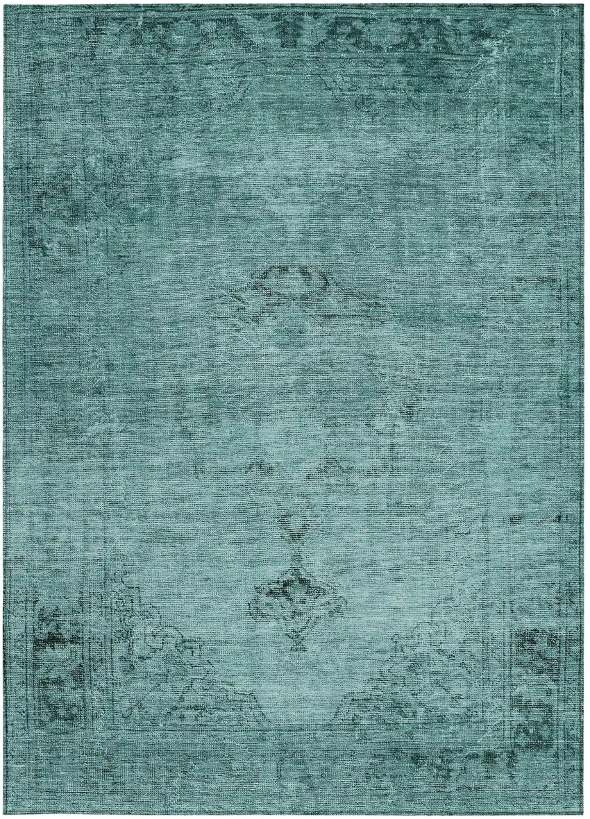 Teal Blue Turquoise And Charcoal Oriental Washable Indoor Outdoor Area Rug Photo 6
