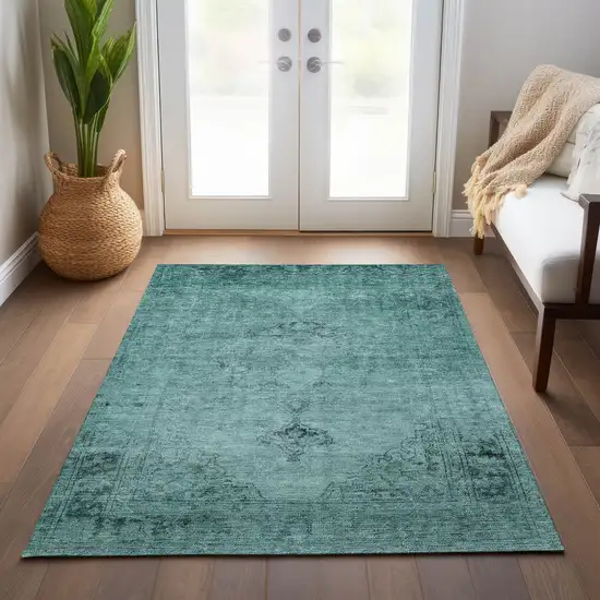 Teal Blue Turquoise And Charcoal Oriental Washable Indoor Outdoor Area Rug Photo 9