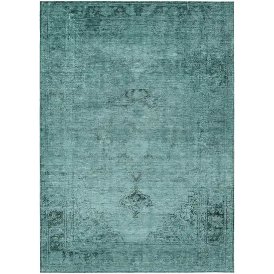 Teal Blue Turquoise And Charcoal Oriental Washable Indoor Outdoor Area Rug Photo 2