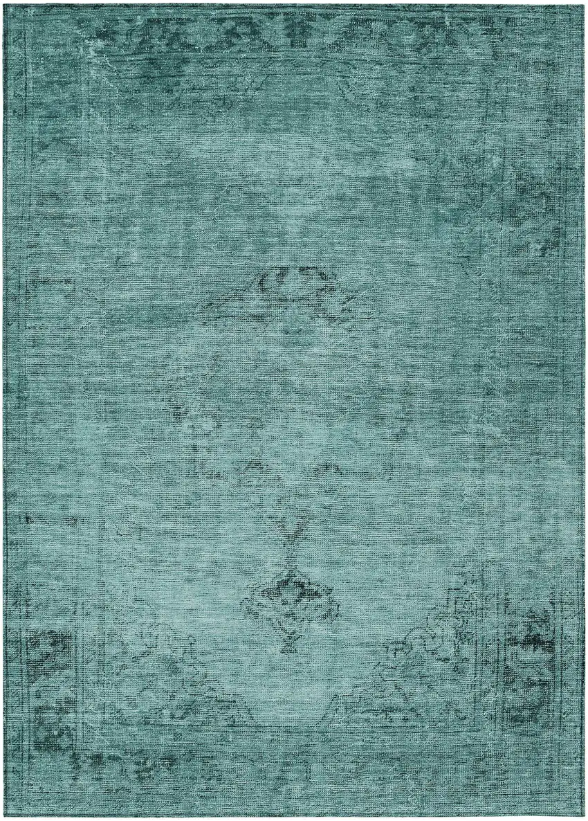 Teal Blue Turquoise And Charcoal Oriental Washable Indoor Outdoor Area Rug Photo 2