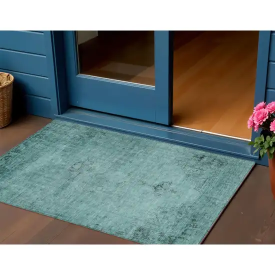 Teal Blue Turquoise And Charcoal Oriental Washable Indoor Outdoor Area Rug Photo 1