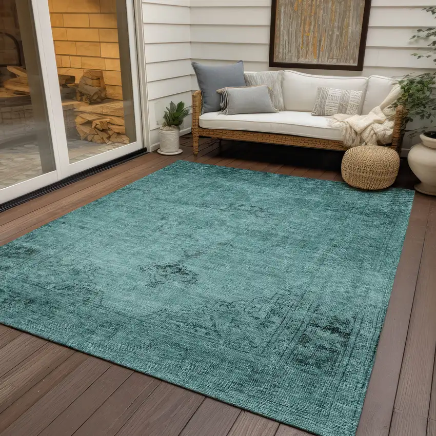 Teal Blue Turquoise And Charcoal Oriental Washable Indoor Outdoor Area Rug Photo 9