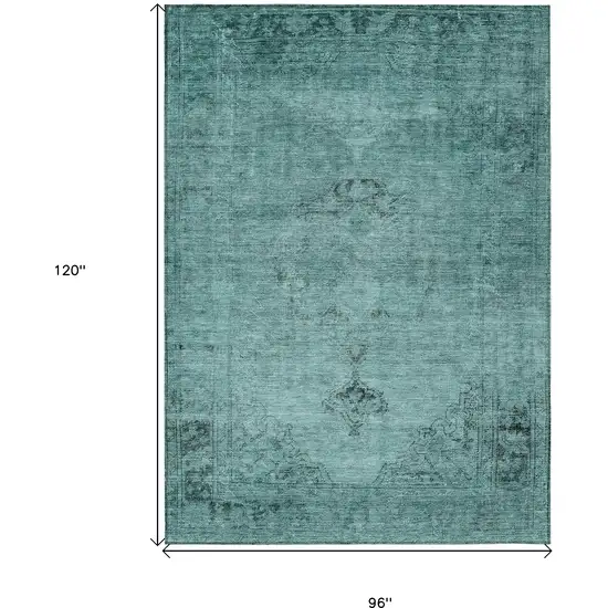 Teal Blue Turquoise And Charcoal Oriental Washable Indoor Outdoor Area Rug Photo 3