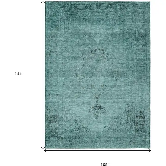 Teal Blue Turquoise And Charcoal Oriental Washable Indoor Outdoor Area Rug Photo 3