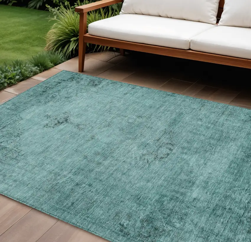 Teal Blue Turquoise And Charcoal Oriental Washable Indoor Outdoor Area Rug Photo 1