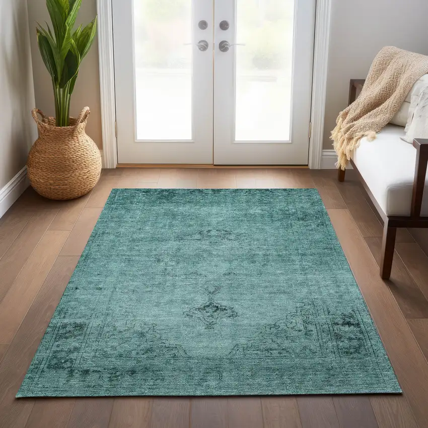 Teal Blue Turquoise And Charcoal Oriental Washable Indoor Outdoor Area Rug Photo 8