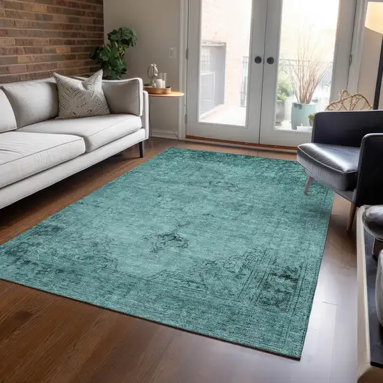 Teal Blue Turquoise And Charcoal Oriental Washable Indoor Outdoor Area Rug Photo 7