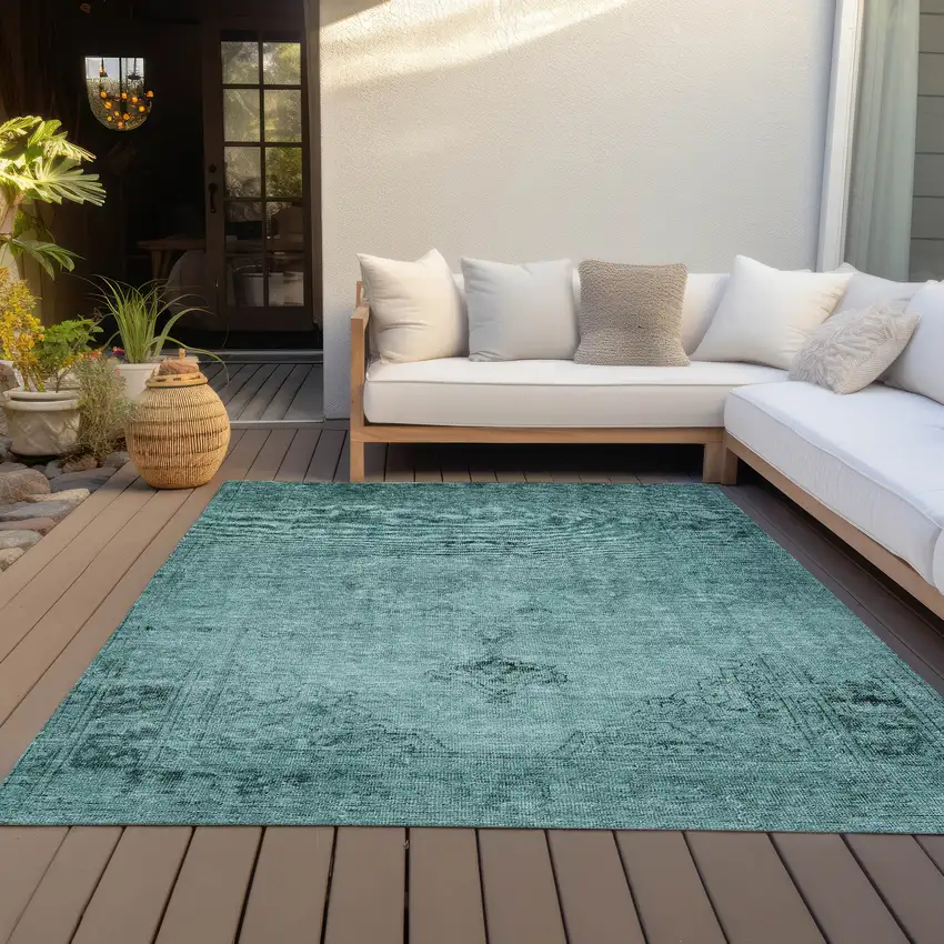Teal Blue Turquoise And Charcoal Oriental Washable Indoor Outdoor Area Rug Photo 6