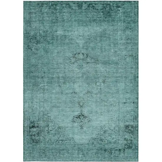 Teal Blue Turquoise And Charcoal Oriental Washable Indoor Outdoor Area Rug Photo 5