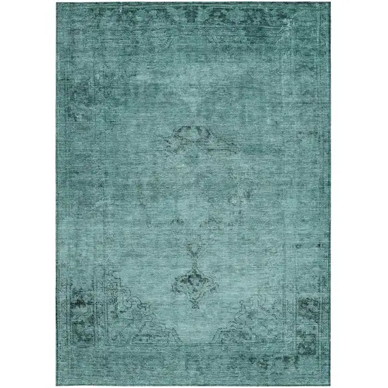 Teal Blue Turquoise And Charcoal Oriental Washable Indoor Outdoor Area Rug Photo 5