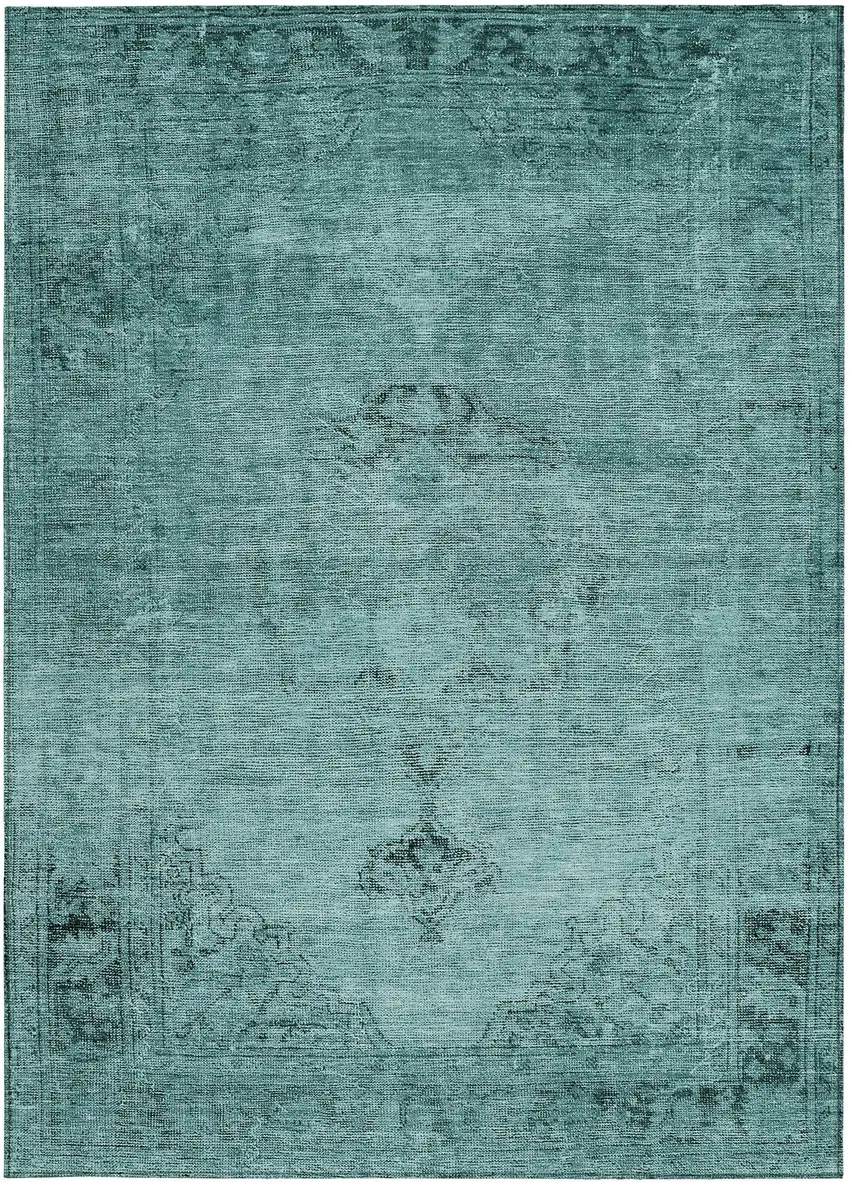 Teal Blue Turquoise And Charcoal Oriental Washable Indoor Outdoor Area Rug Photo 5