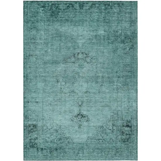 Teal Blue Turquoise And Charcoal Oriental Washable Indoor Outdoor Area Rug Photo 2