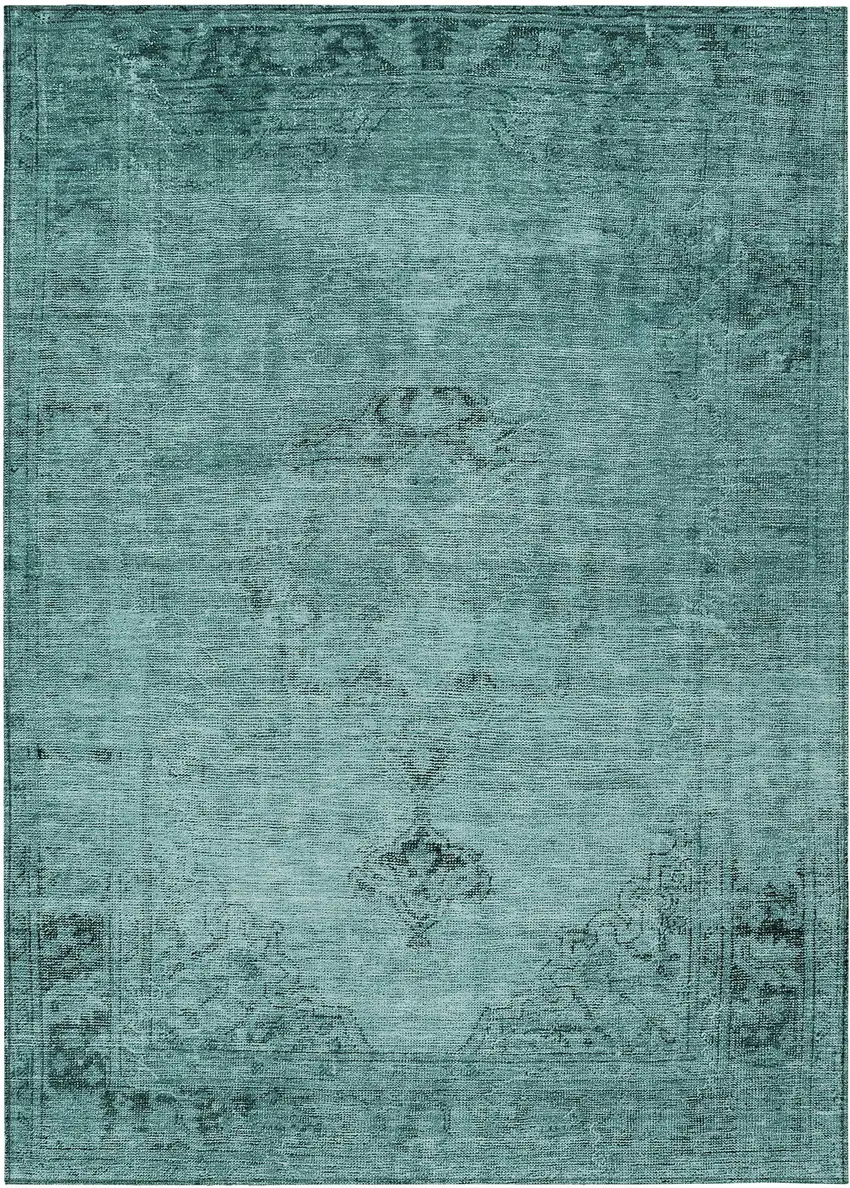 Teal Blue Turquoise And Charcoal Oriental Washable Indoor Outdoor Area Rug Photo 2