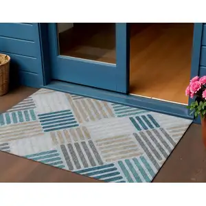 Photo of Teal Blue Wheat And Gray Geometric Washable Indoor Outdoor Area Rug