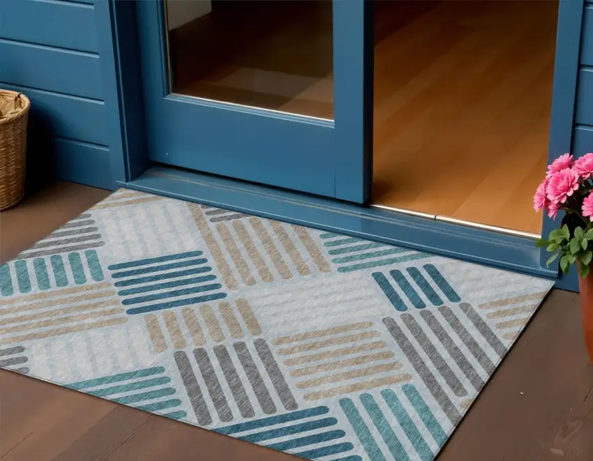 Teal Blue Wheat And Gray Geometric Washable Indoor Outdoor Area Rug Photo 1