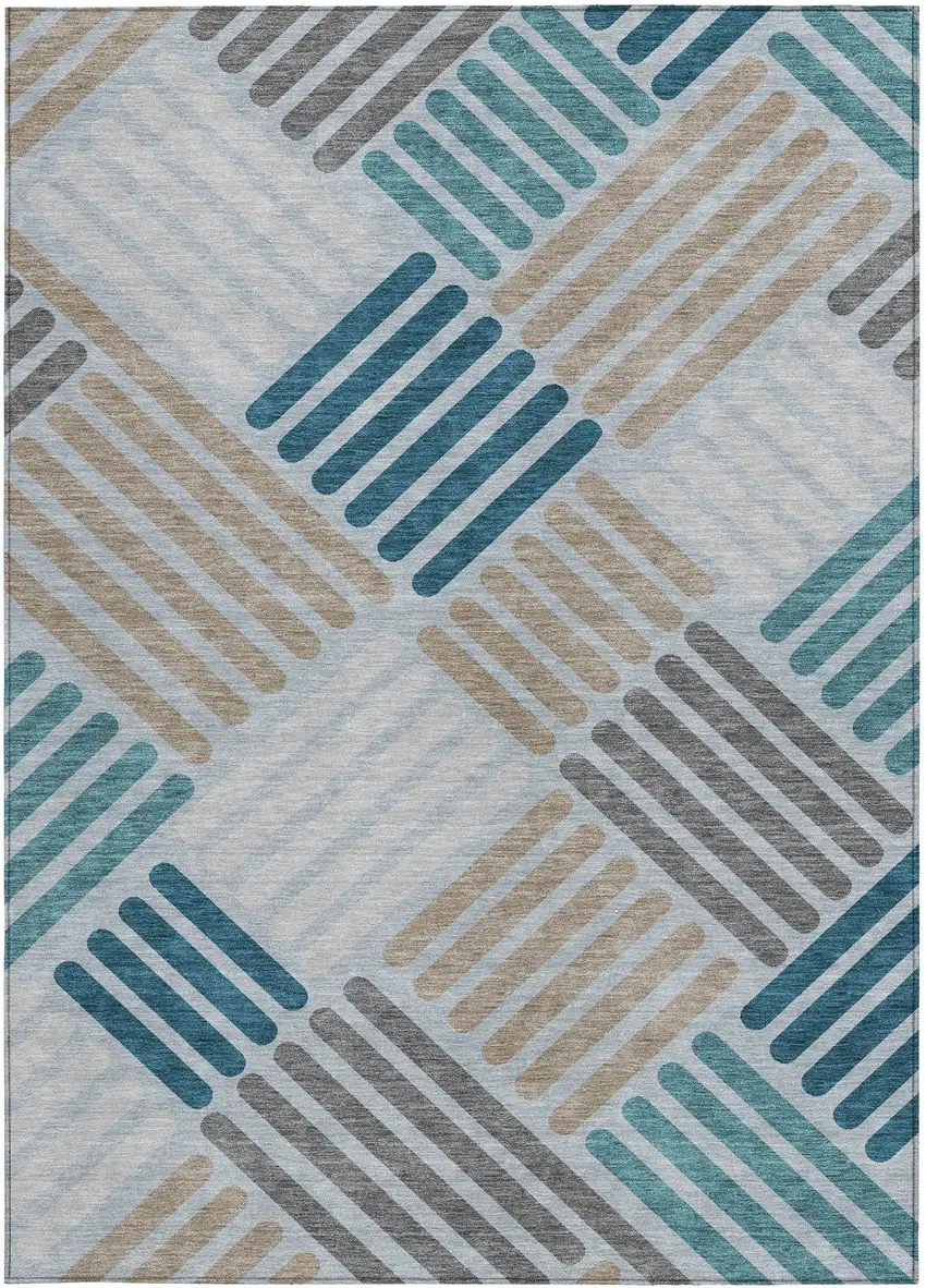 Teal Blue Wheat And Gray Geometric Washable Indoor Outdoor Area Rug Photo 4