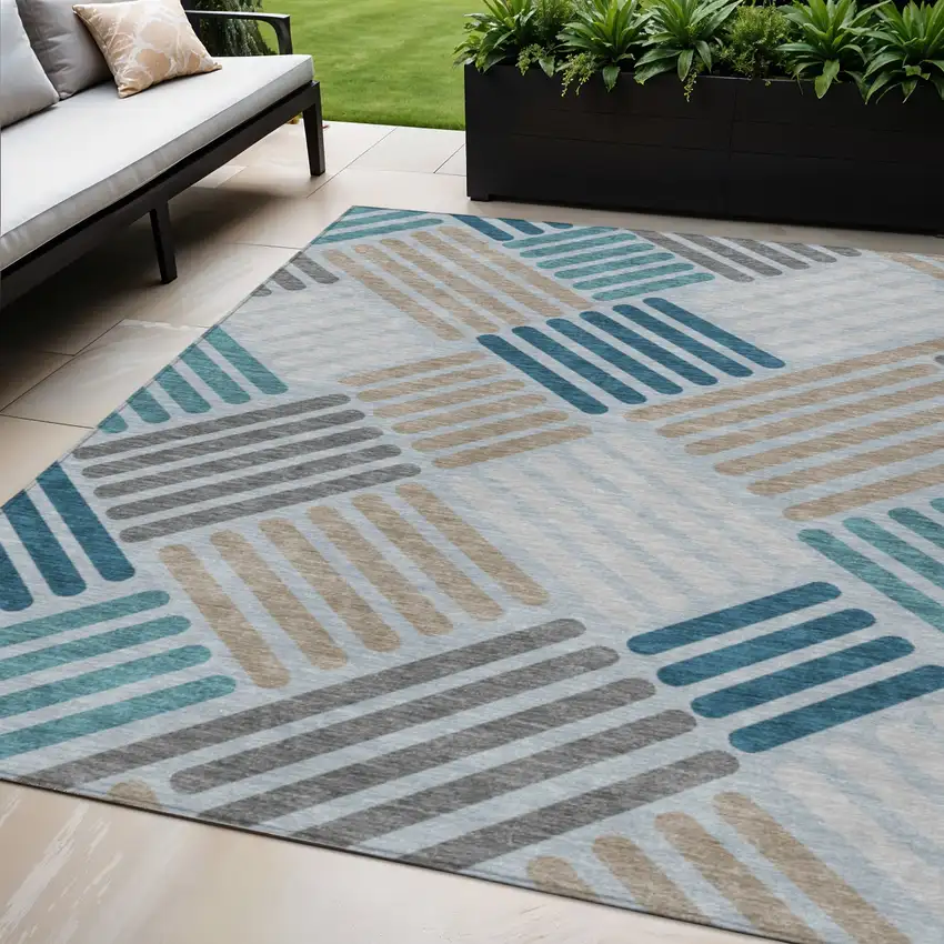 Teal Blue Wheat And Gray Geometric Washable Indoor Outdoor Area Rug Photo 1