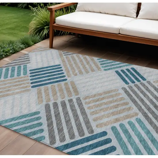 Teal Blue Wheat And Gray Geometric Washable Indoor Outdoor Area Rug Photo 1