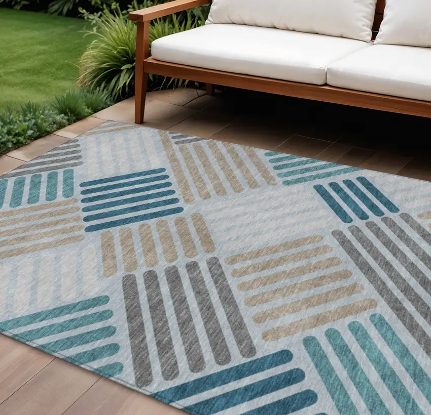 Teal Blue Wheat And Gray Geometric Washable Indoor Outdoor Area Rug Photo 1