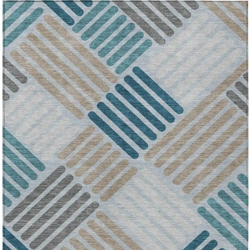 Teal Blue Wheat And Gray Geometric Washable Indoor Outdoor Area Rug Photo 7