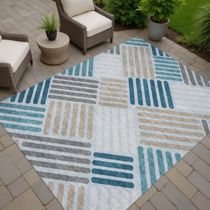 Teal Blue Wheat And Gray Geometric Washable Indoor Outdoor Area Rug Photo 9