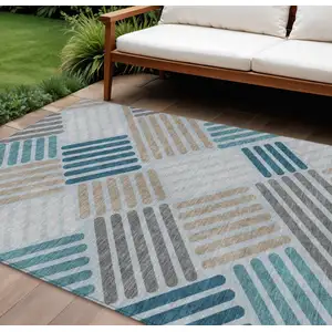 Photo of Teal Blue Wheat And Gray Geometric Washable Indoor Outdoor Area Rug