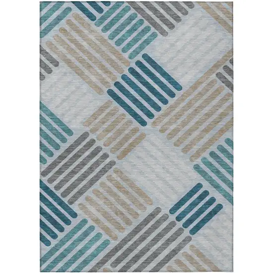 Teal Blue Wheat And Gray Geometric Washable Indoor Outdoor Area Rug Photo 2