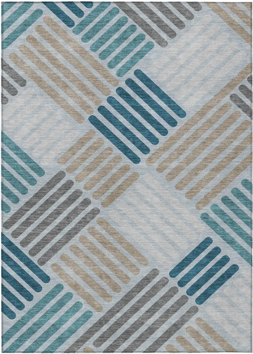 Teal Blue Wheat And Gray Geometric Washable Indoor Outdoor Area Rug Photo 1