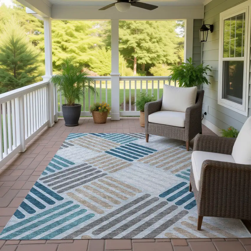 Teal Blue Wheat And Gray Geometric Washable Indoor Outdoor Area Rug Photo 9
