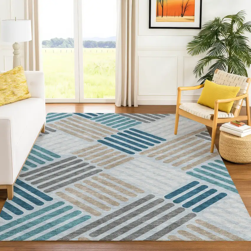 Teal Blue Wheat And Gray Geometric Washable Indoor Outdoor Area Rug Photo 9