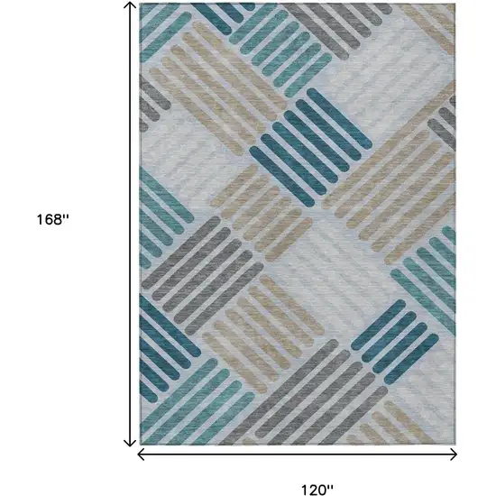Teal Blue Wheat And Gray Geometric Washable Indoor Outdoor Area Rug Photo 2