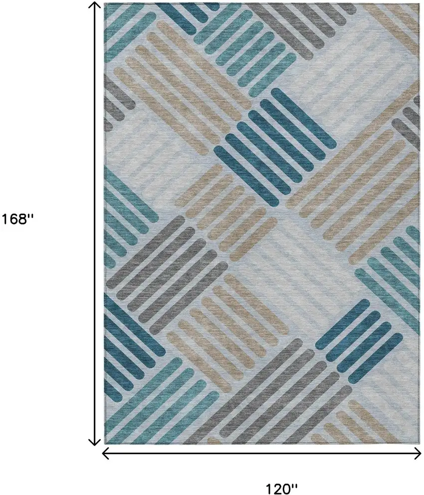 Teal Blue Wheat And Gray Geometric Washable Indoor Outdoor Area Rug Photo 2