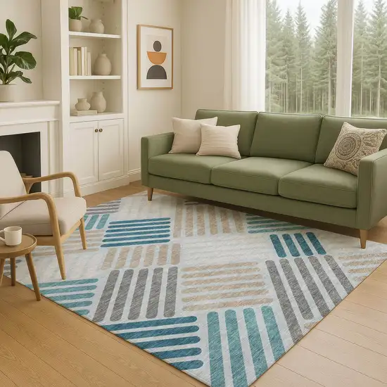 Teal Blue Wheat And Gray Geometric Washable Indoor Outdoor Area Rug Photo 8
